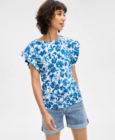 Nautica Jeans Women's Floral-print Ruffle-sleeve Top In Bright White Multi
