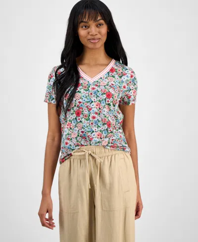 Nautica Jeans Women's Floral-print V-neck Top In Bloom Multi