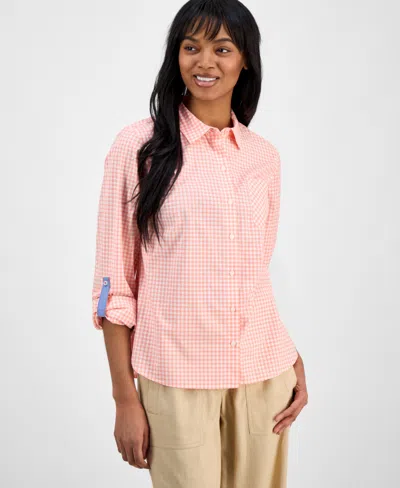 Nautica Jeans Women's Gingham Cotton Roll-tab Shirt In Bloom,bright White