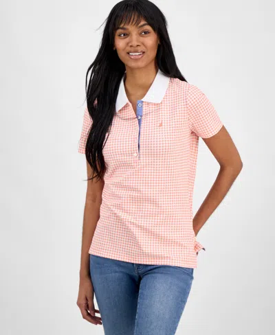 Nautica Jeans Women's Gingham Polo Shirt In Bloom,bright White