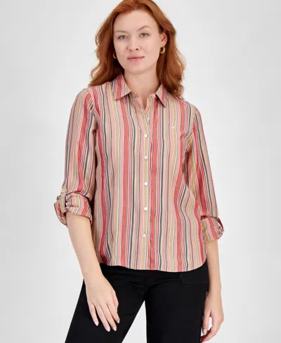 Nautica Jeans Women's Glint Stripe Roll-tab Button-up Shirt In Haute Red Multi