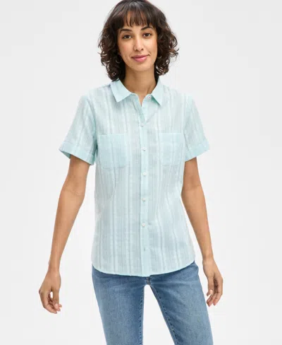 Nautica Jeans Women's Jasmin Jacquard Cotton Camp Shirt In Prcln Blue,bright White