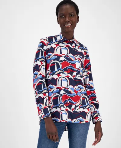 Nautica Jeans Women's Lighthouse-print High-low-hem Shirt In Nigh Sky M