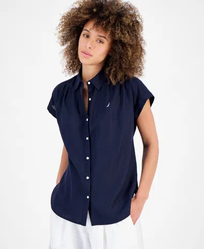 Nautica Jeans Women's Linen-blend Cap-sleeve Camp Shirt In Night Sky