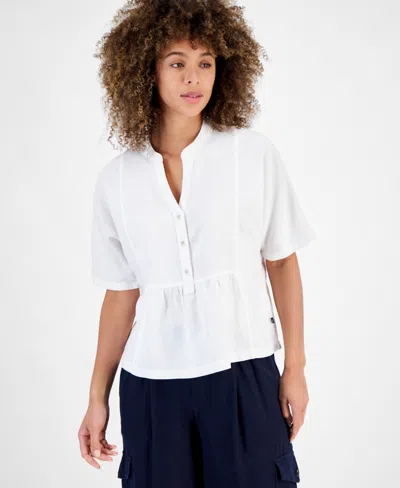 Nautica Jeans Women's Linen-blend Peplum Top In Brt White