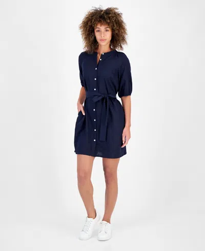 Nautica Jeans Women's Linen-blend Puff-sleeve Shirtdress In Night Sky