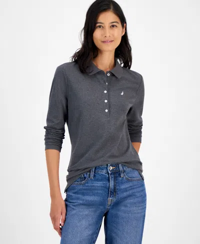 Nautica Jeans Women's Long Sleeve Polo Shirt In Gray