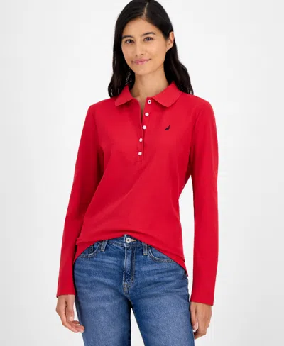 Nautica Jeans Women's Long Sleeve Polo Shirt In Red