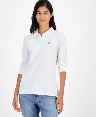 Nautica Jeans Women's Long Sleeve Polo Shirt In White