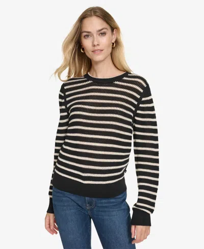 Nautica Jeans Women's Long Sleeves Pointelle Crew Neck Sweater In Black,white Swan