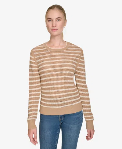 Nautica Jeans Women's Long Sleeves Pointelle Crew Neck Sweater In Camel,white Swan