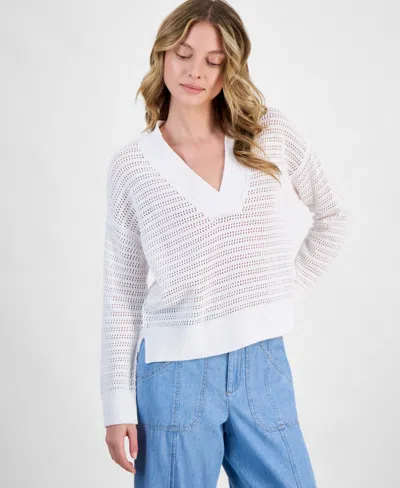 Nautica Jeans Women's Mesh V-neck Sweater In Bright White