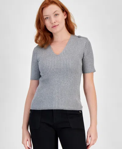 Nautica Jeans Women's Metallic Short-sleeve V-neck Sweater In Heather Grey