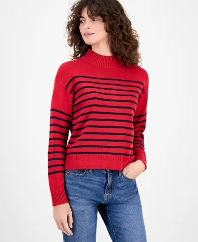 Nautica Jeans Women's Mock-neck Stripe Long-sleeve Sweater In Red