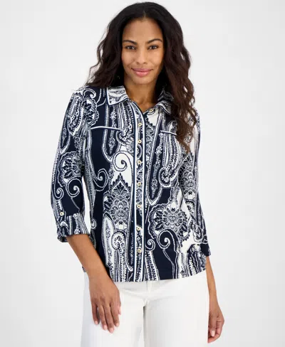 Nautica Jeans Women's Paisley-print Button-up Shirt In Night Sky,ivory