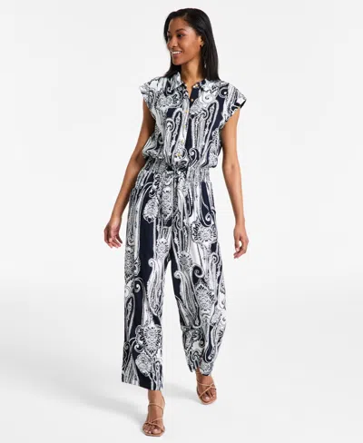 Nautica Jeans Women's Paisley Shirt Jumpsuit In Night Sky,ivory