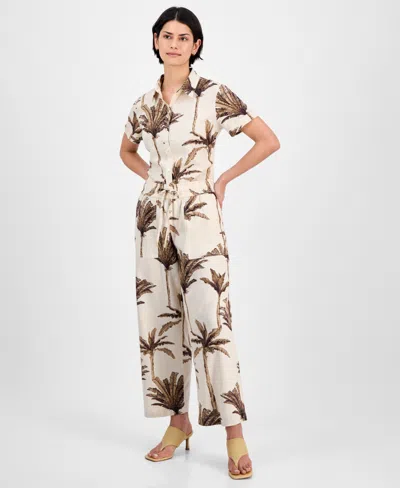Nautica Jeans Women's Palm-print Linen-blend Wide-leg Pants In Parchment Multi