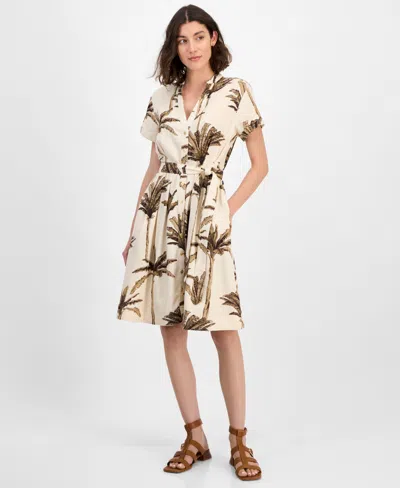 Nautica Jeans Women's Palm-print Short-sleeve Shirtdress In Parchment Multi