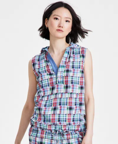 Nautica Jeans Women's Patchwork Plaid Cotton Sleeveless Hooded Top In Nigh Sky M