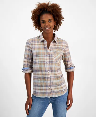 Nautica Jeans Women's Plaid Long-sleeve Roll-tab Shirt In Brdl Rose