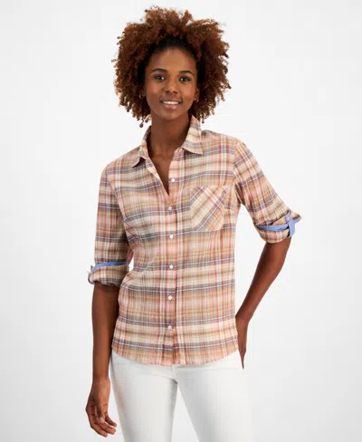 Nautica Jeans Women's Plaid Long-sleeve Roll-tab Shirt In Tiger Eye