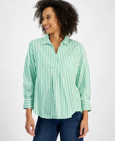 Nautica Jeans Women's Port Stripe Cotton Collared Blouse In Fern,white