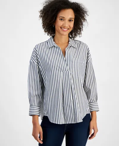 Nautica Jeans Women's Port Stripe Cotton Collared Blouse In Nigh Sky,white