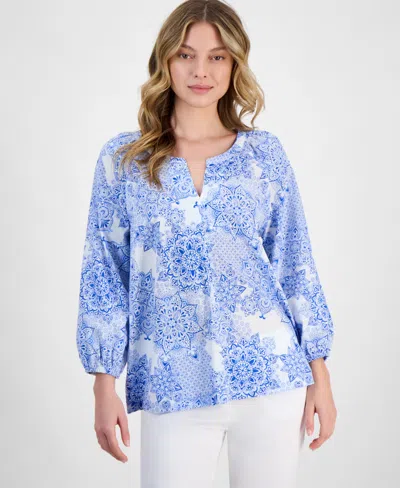 Nautica Jeans Women's Printed Cotton Top In Bright White Multi