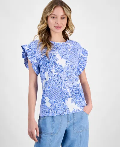 Nautica Jeans Women's Printed Flutter-sleeve Top In Bright White Multi