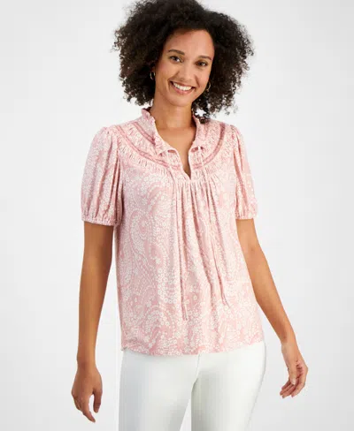 Nautica Jeans Women's Printed Tie-neck Puff-sleeve Top In Pink
