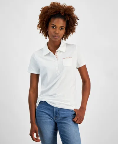 Nautica Jeans Women's Printed-trim Pocket Polo Shirt In Brt White