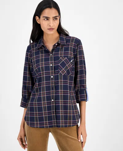 Nautica Jeans Women's Providence Plaid Cotton Roll-tab-sleeve Shirt In Blue