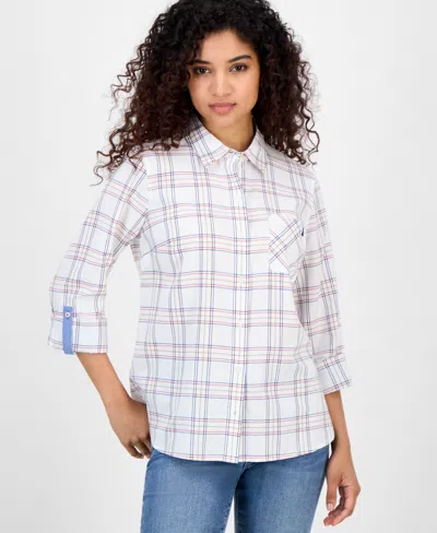 Nautica Jeans Women's Providence Plaid Cotton Roll-tab-sleeve Shirt In White