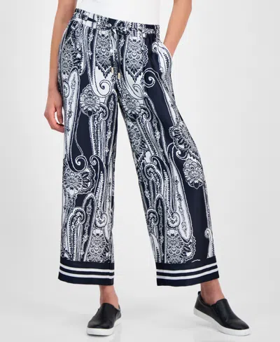 Nautica Jeans Women's Pull-on Wide-leg Paisley Pants In Night Sky,bright White