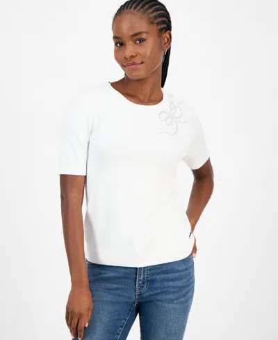 Nautica Jeans Women's Rhinestone-bow Short-sleeve Sweater In White