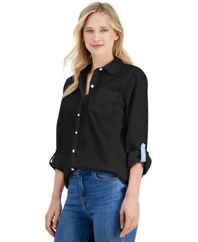 Nautica Jeans Women's Roll-tab Button-front Shirt In Black