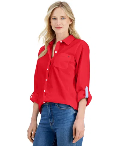 Nautica Jeans Women's Roll-tab Button-front Shirt In Red