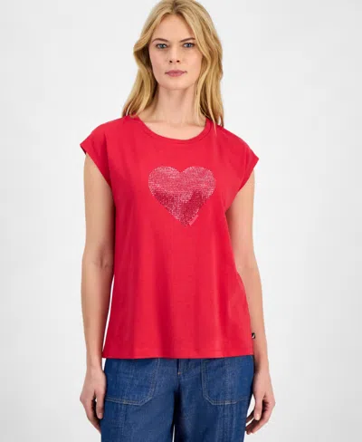 Nautica Jeans Women's Round-neck Embellished-heart T-shirt In Red