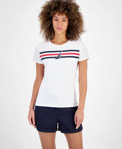 Nautica Jeans Women's Sailboat Stripe Graphic T-shirt In Bright White