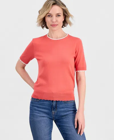 Nautica Jeans Women's Scallop-trim Short Sleeve Crewneck Sweater
