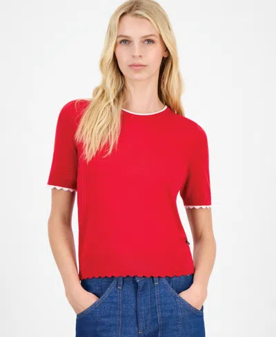 Nautica Jeans Women's Scallop-trim Short Sleeve Crewneck Sweater In Red