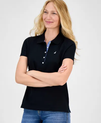 Nautica Jeans Women's Short-sleeve Polo-collar Shirt In Black