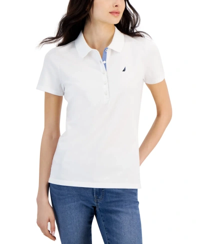 Nautica Jeans Women's Short-sleeve Polo-collar Shirt In Bright White