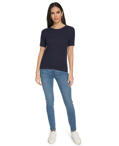 Nautica Jeans Women's Short Sleeves Rope Cable Sweater In Night Sky
