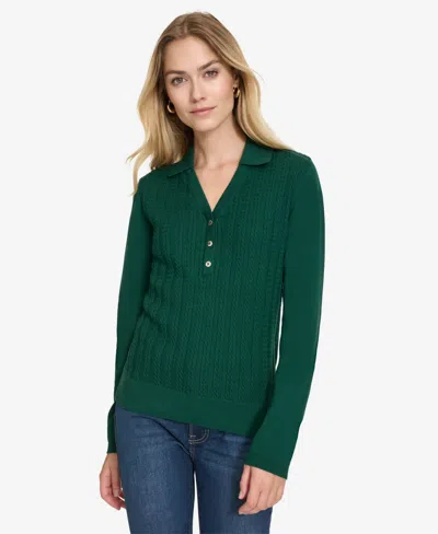 Nautica Jeans Women's Solid Button V Neck Polo Sweater In Forest