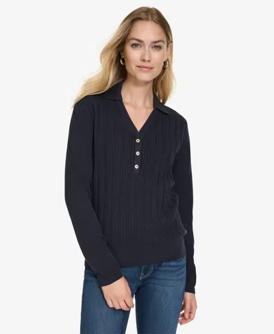 Nautica Jeans Women's Solid Button V Neck Polo Sweater In Night Sky