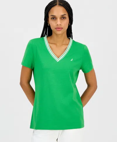 Nautica Jeans Women's Solid Stripe-trim V-neck