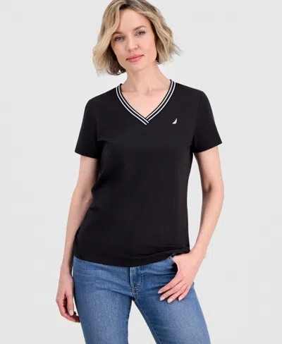 Nautica Jeans Women's Solid Stripe-trim V-neck In Black