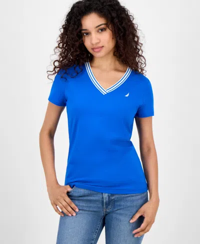 Nautica Jeans Women's Solid Stripe-trim V-neck In Blue