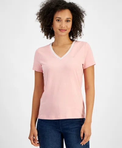 Nautica Jeans Women's Solid Stripe-trim V-neck In Bridal Rose